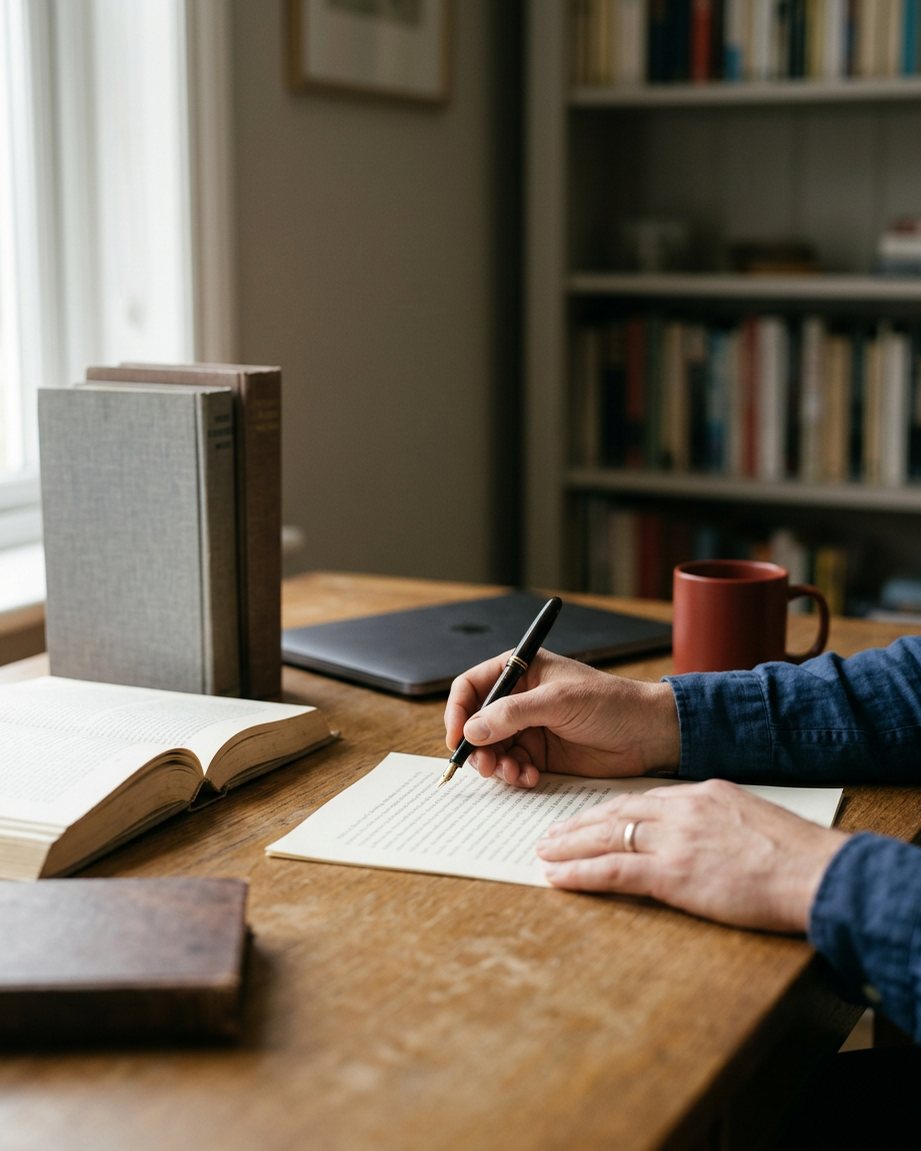 A writer's hands with a fountain pen over a printed draft, reference books beside it