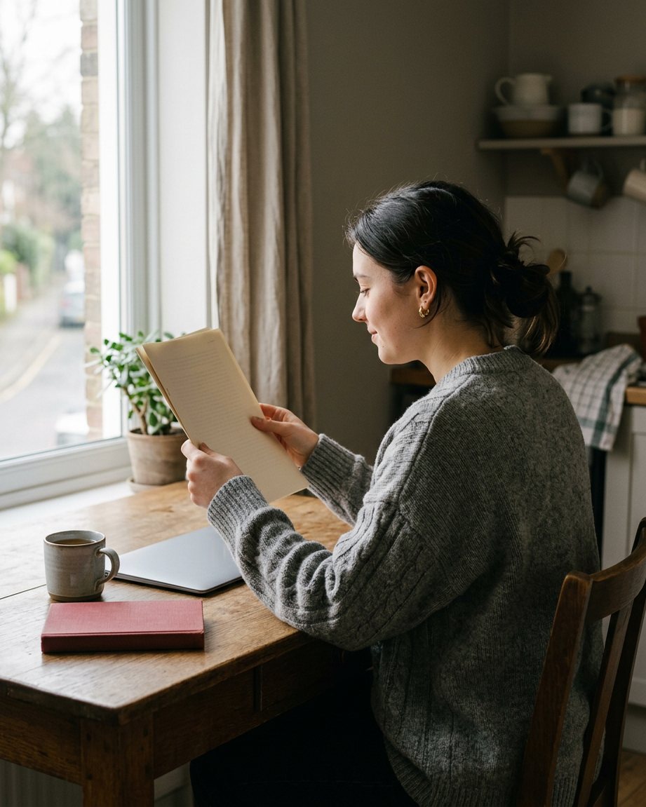 A student at a kitchen table reading a few stapled printed pages