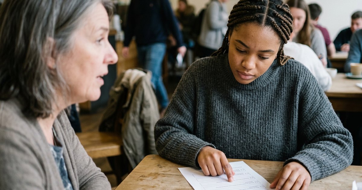 Student listening across a table while checking a list of admission paper types.