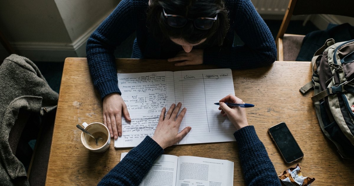 Overhead view of hands writing an outline with claim and counterargument columns on paper.