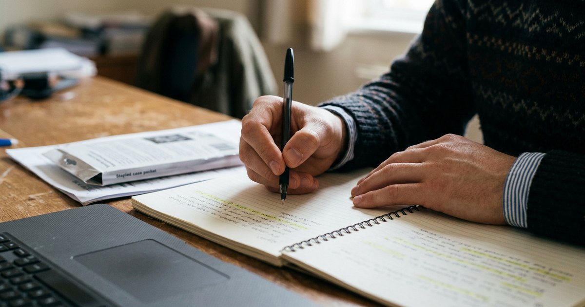 Close-up of a hand holding a pen above notes on a printed business case.