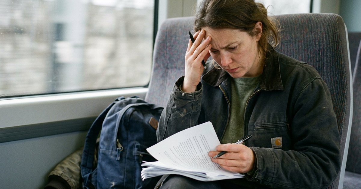 Woman in work clothes reading a case study packet on a bus, pen in hand.