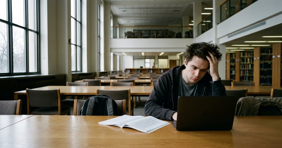 A student sits alone at a table in a large library reading room, looking at his laptop.