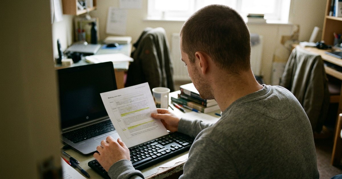Over-the-shoulder view of a student comparing his coursework on screen to a printed rubric.