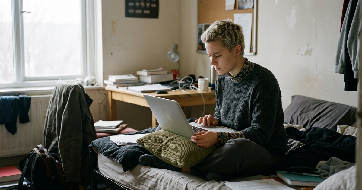 Young woman on a dorm bed reads a document closely on her laptop.