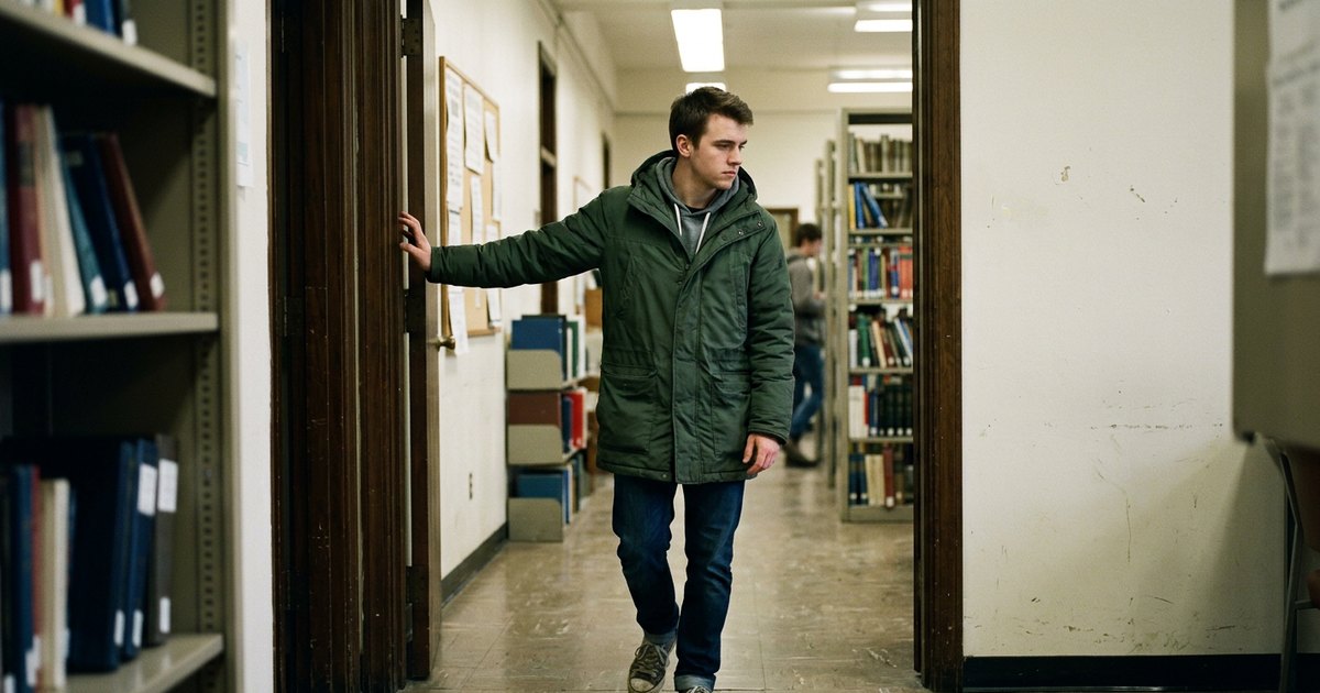 Young man in a coat pauses in a library doorway, mid-step.