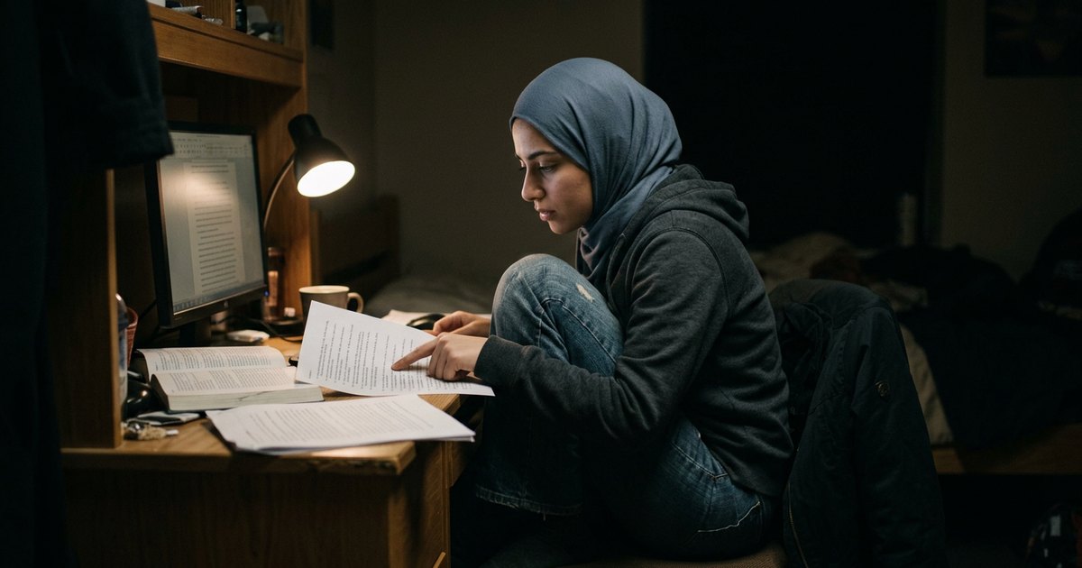 Young woman in a headscarf checks a citation list against her screen at night.