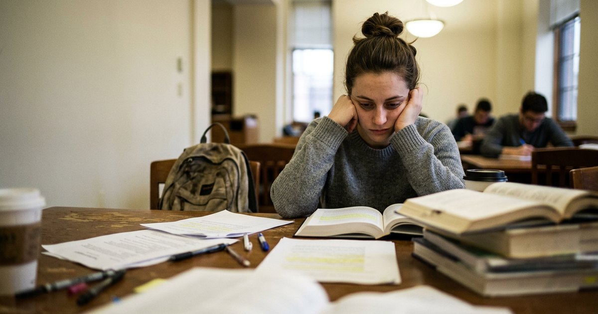 A tired doctoral student rests her chin on her hand while staring at course readings on a table.
