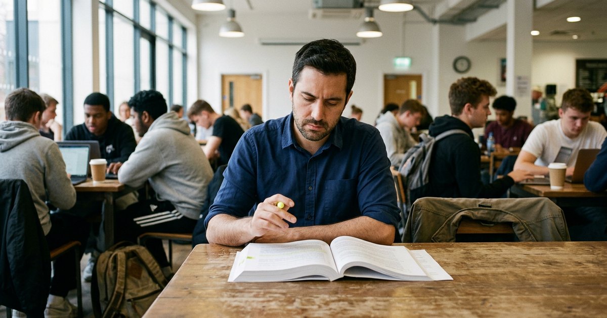 Man at a cafe table pauses mid-highlight while rereading a case study packet.