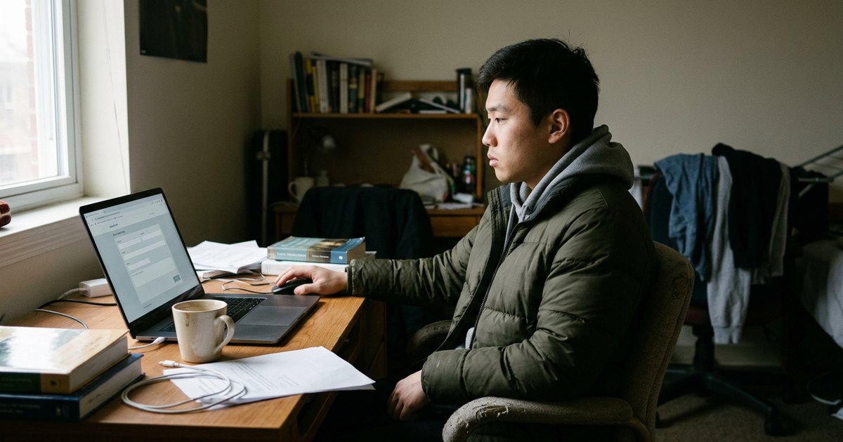 A man in a puffer jacket sits at a desk, staring at an open laptop early in the morning.