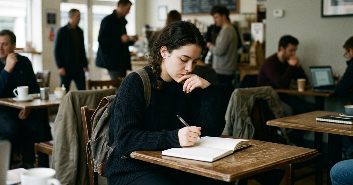 Woman at a cafe table pauses mid-writing, pen resting on an open notebook.