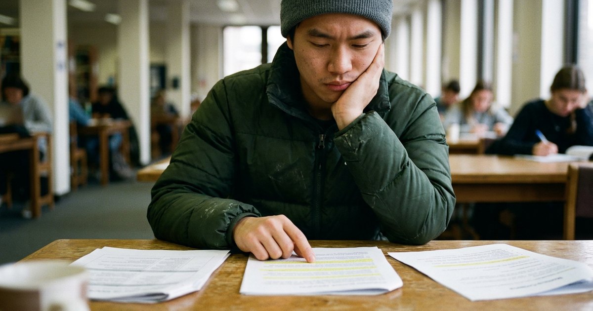 A young man in a puffer jacket cross-checks his coursework against a printed rubric at a table.