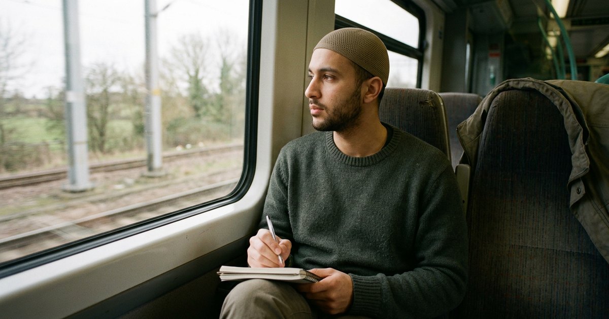 Man in a kufi writing in a notebook while seated by a train window.