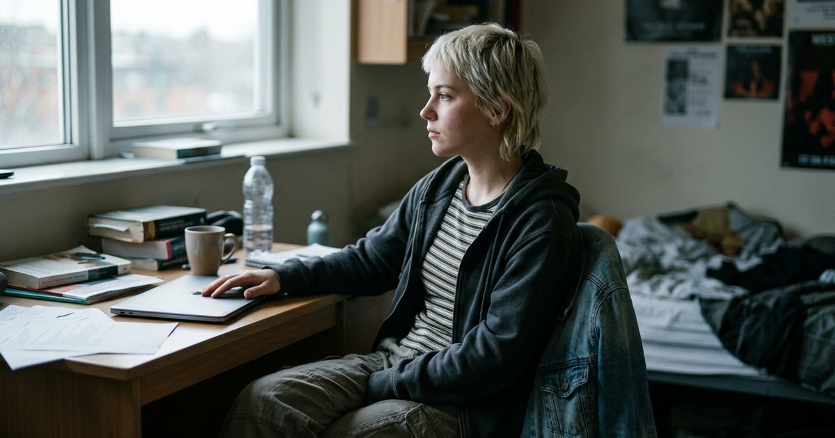 Young woman sits at a desk in the morning, hand on a closed laptop, not yet working.