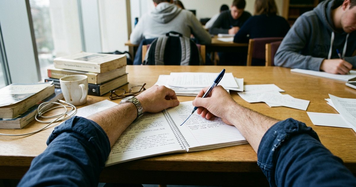 Overhead view of rolled-sleeve arms crossing out a sentence in a notebook on a desk.