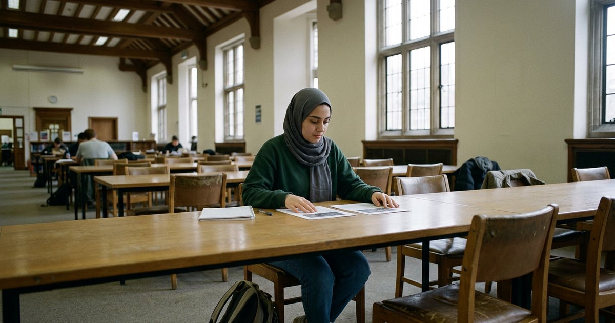 A woman in a headscarf sits at a table in a library reading room comparing two printed pages.