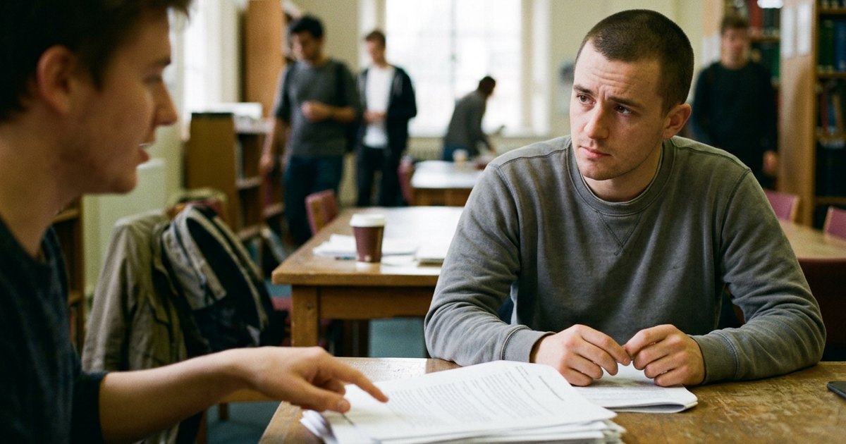 A masters student listens across a table as someone gestures at printed source documents.