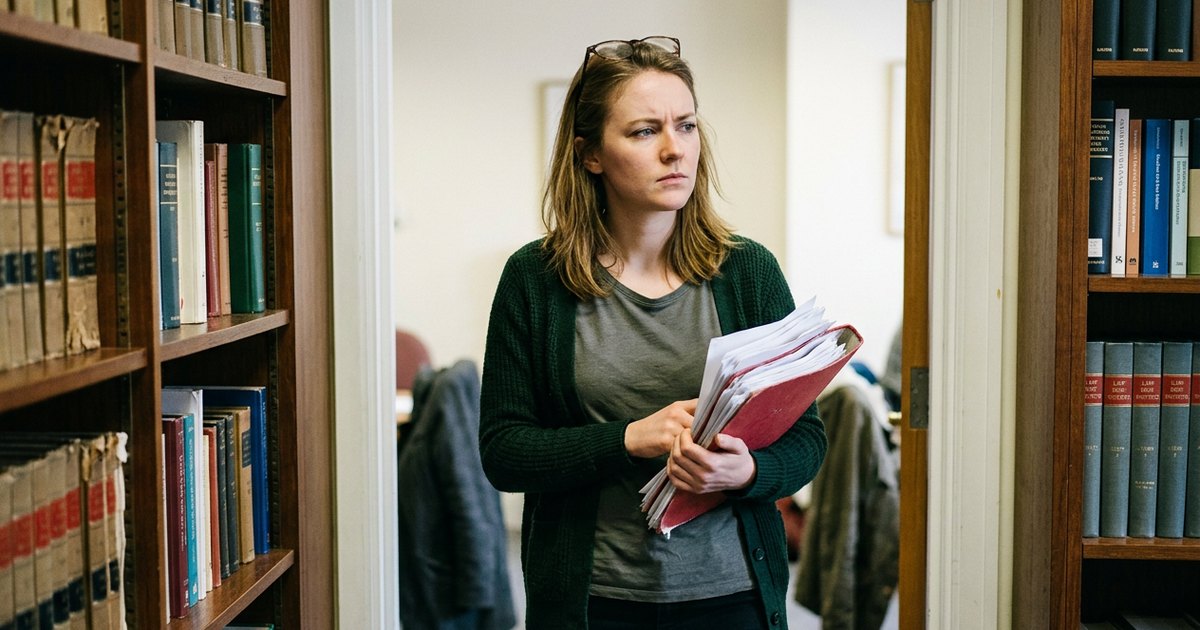 A postgraduate woman pauses in a doorway holding a folder of papers.