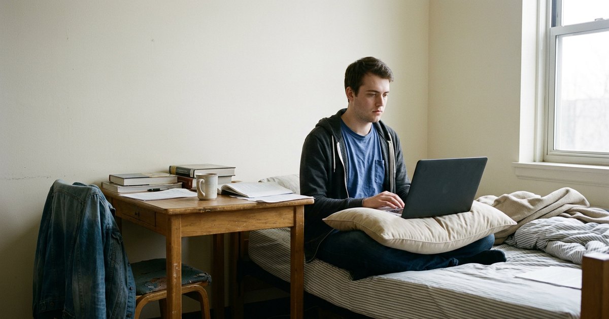 Young man on a dorm bed reading the same laptop screen with a fixed, tired stare.