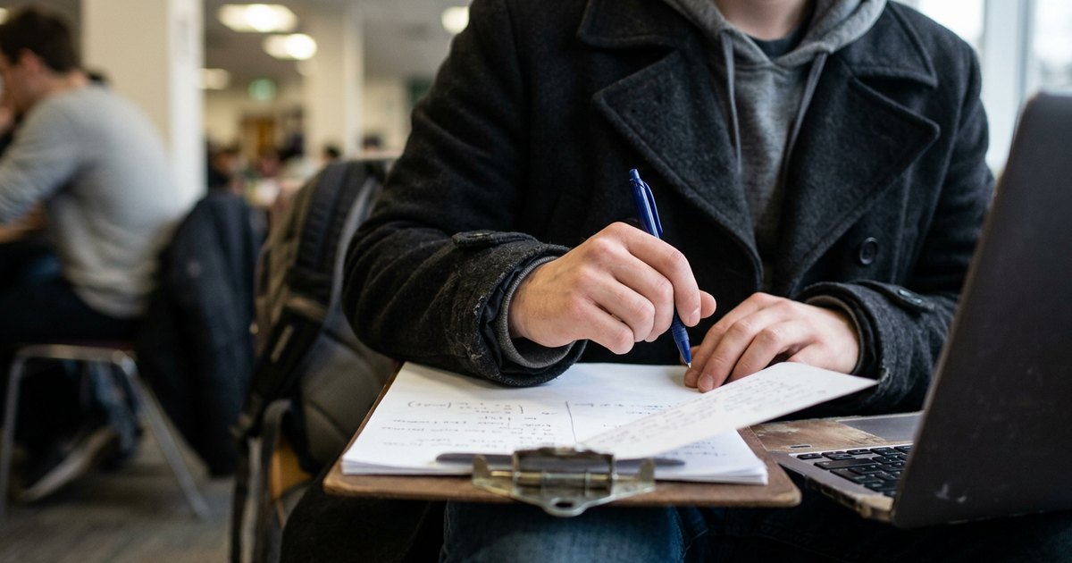 Close-up of hands in a coat sleeve holding a pen over a handwritten reflective essay page.