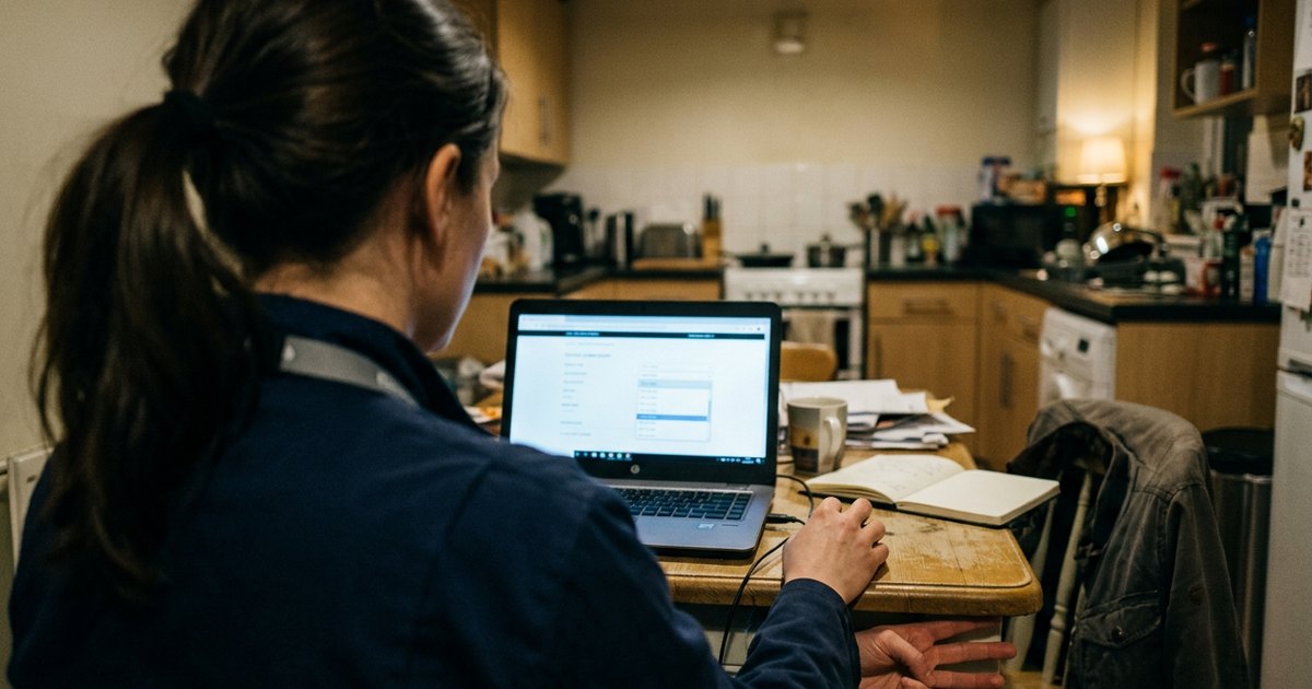 Woman in work clothes viewed from behind, scrolling an order form on a laptop at a kitchen table.