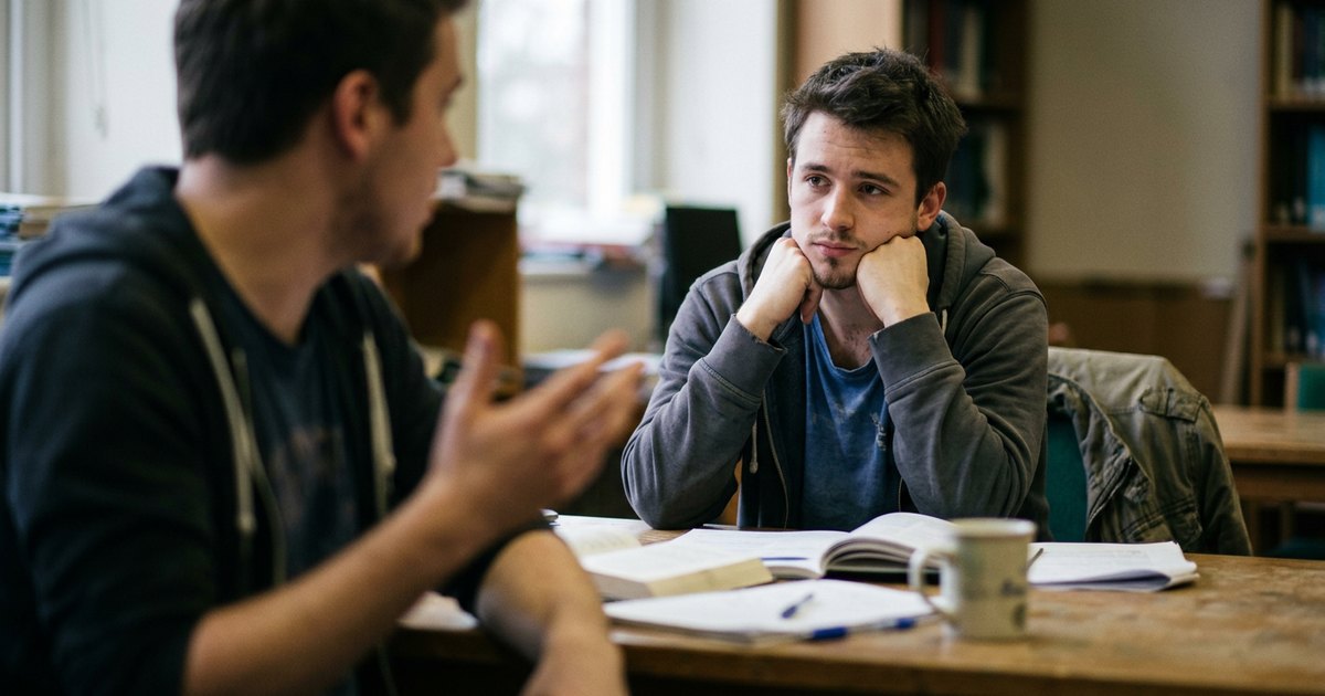 A student in a hoodie listens intently across a table as someone speaks to him.