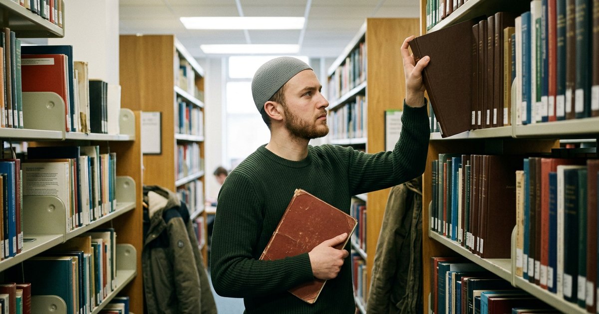 A man in a kufi pulls a journal from a library shelf while holding a notebook.