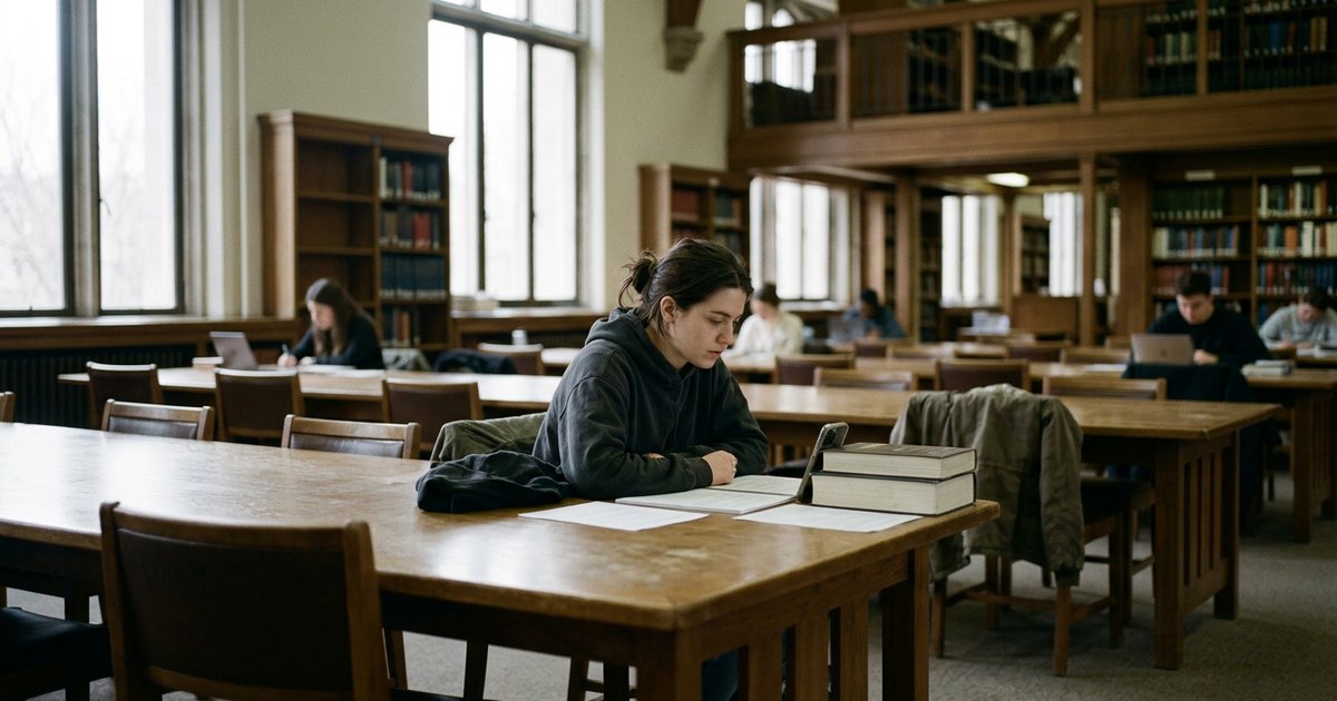 Woman practicing a speech alone at a table in a large library reading room.