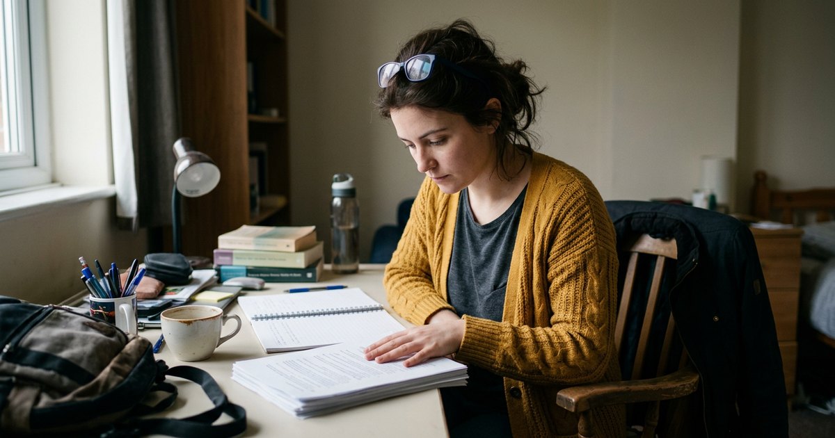 Woman in a cardigan sits at a desk in the morning, studying an assignment sheet before beginning.