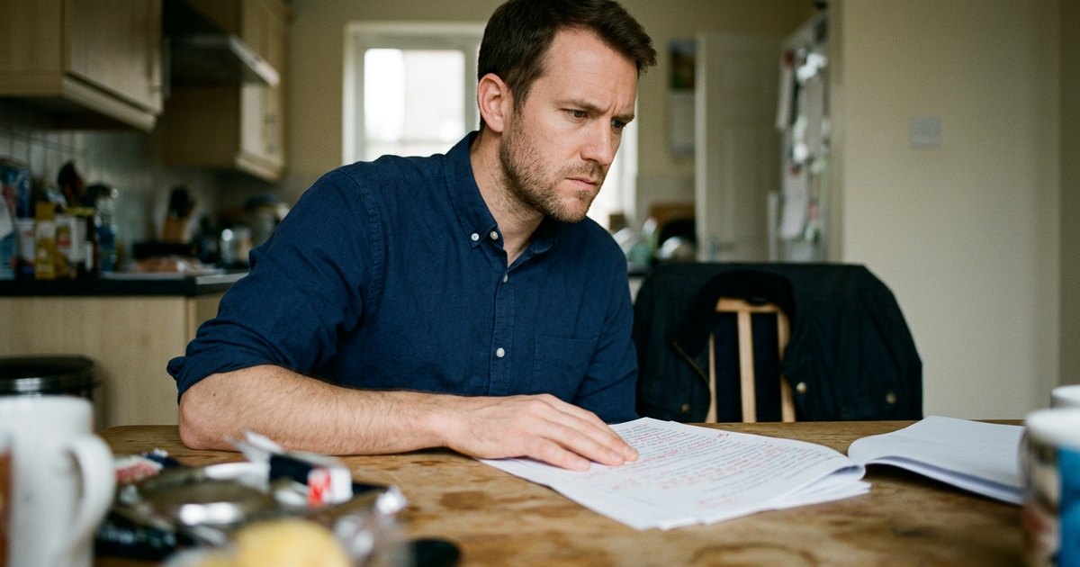 Man at a table reading a printed dissertation chapter marked with handwritten feedback.