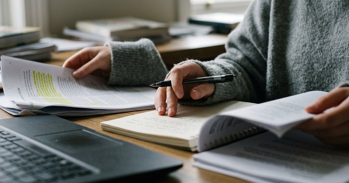 Close-up of hands comparing a highlighted printed source against handwritten notes beside a laptop.